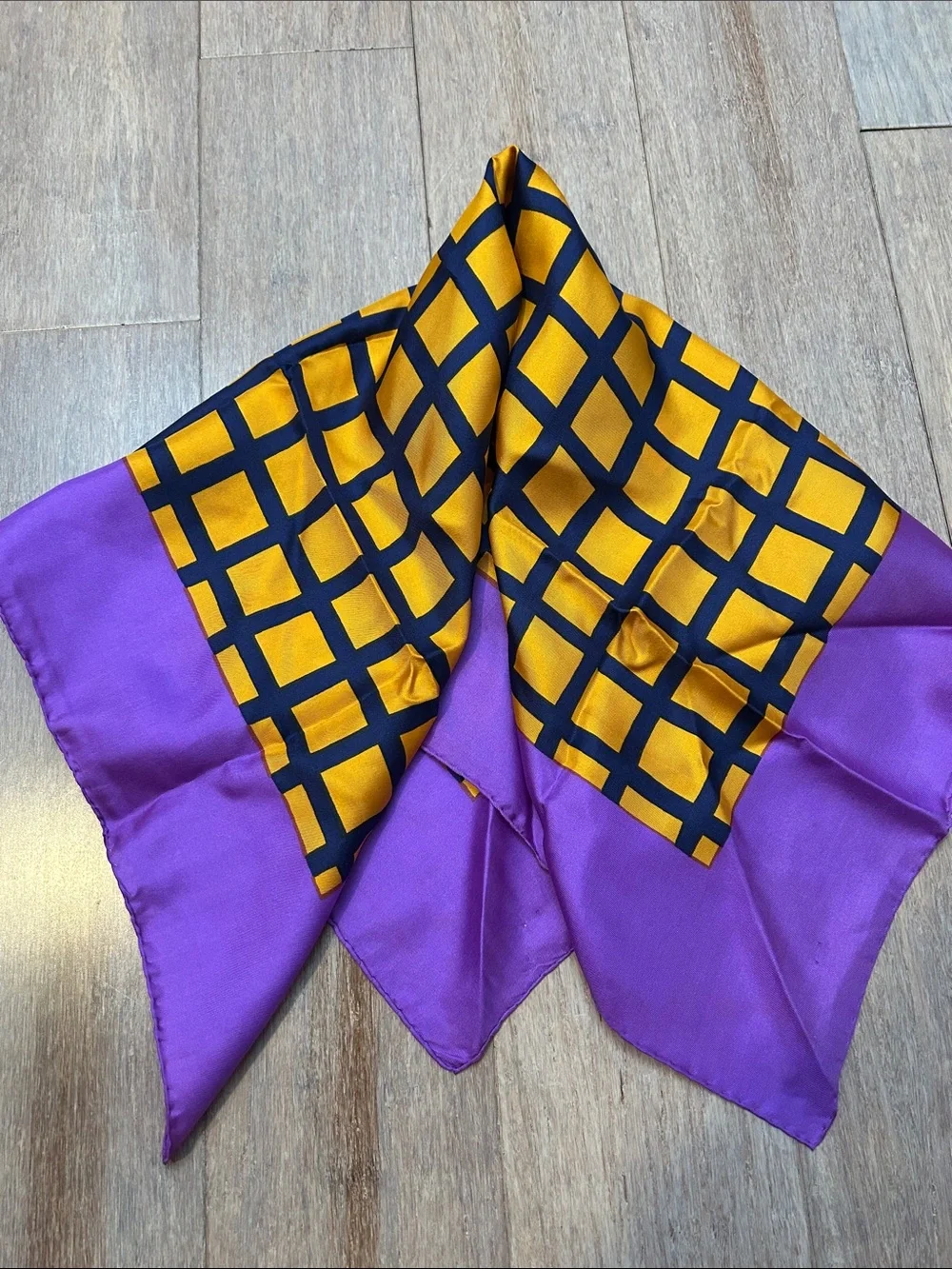 VTG Michel Swiss Purple and Yellow Grid Silk Scarf made in France square